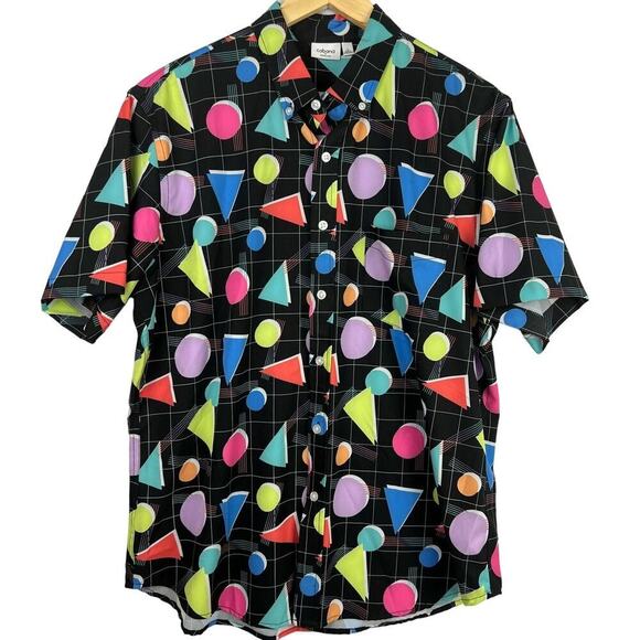 CABANA L Crown & Ivy '80s Retro Abstract Neon Geometric Print Button Up Shirt - Picture 1 of 8